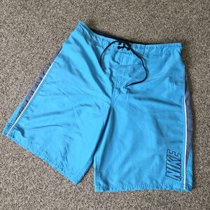 Men's NIKE Turquoise Aqua Blue‎ Swim Trunks Lined Spellout Back Swoosh SZ L